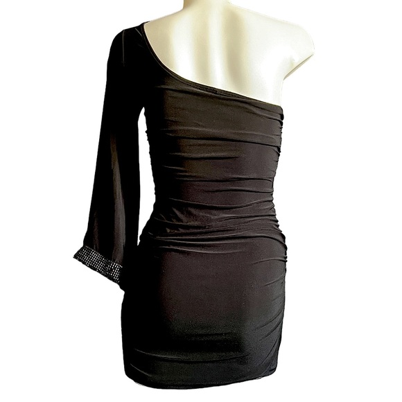 One Shoulder Long Sleeve Black Dress. Size Small - Picture 2 of 4